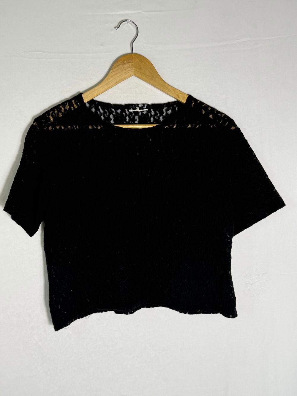Black Crochet Lace Top Short Sleeve Boxy Cropped Sheer Open Knit Boho Y2K